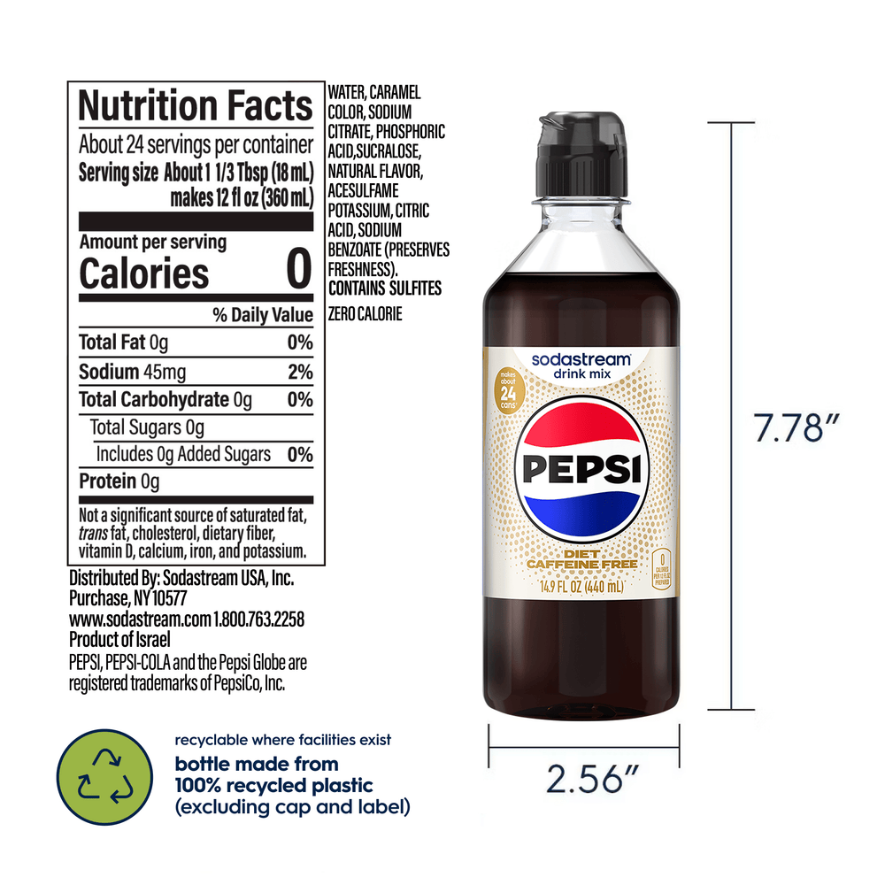 Image showing the old bottle and new easy pour bottle for the Sodastream Caffeine Free Diet Cola Drink Mix