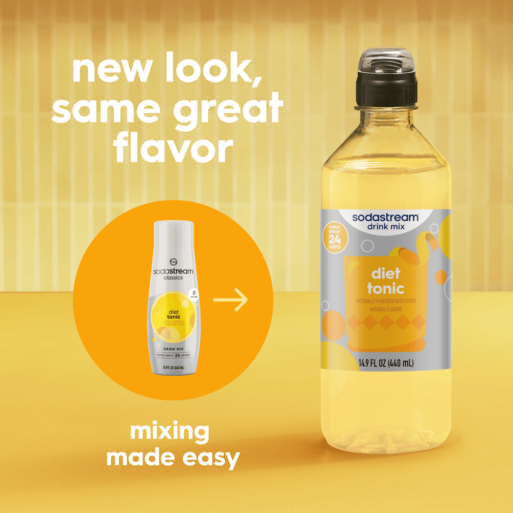 Image showing the old bottle and new easy pour bottle for the Sodastream Diet Tonic Drink Mix