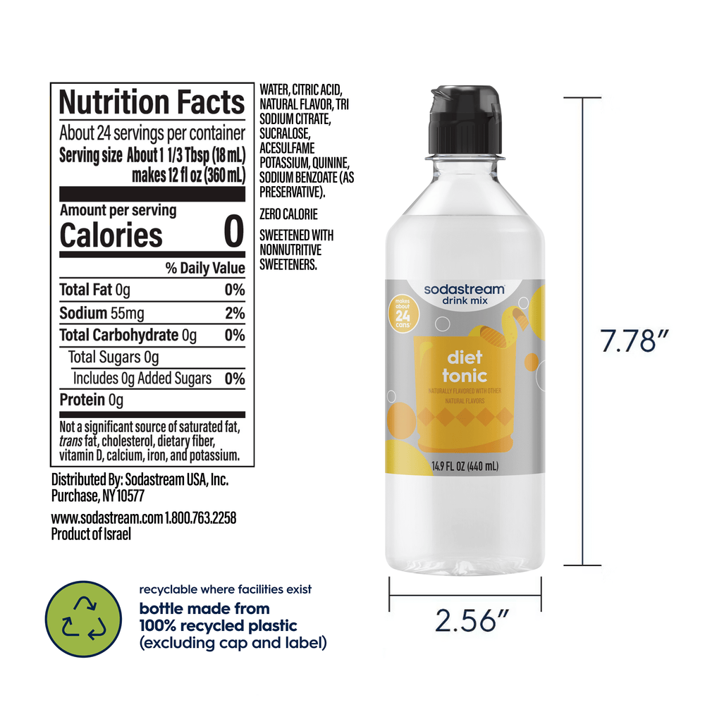 Sodastream Diet Tonic Drink Mix nutritional label and dimensions of the bottle, 7.78 inches in height and 2.56 inches in width along with bottle made from 100% recyclable plastic