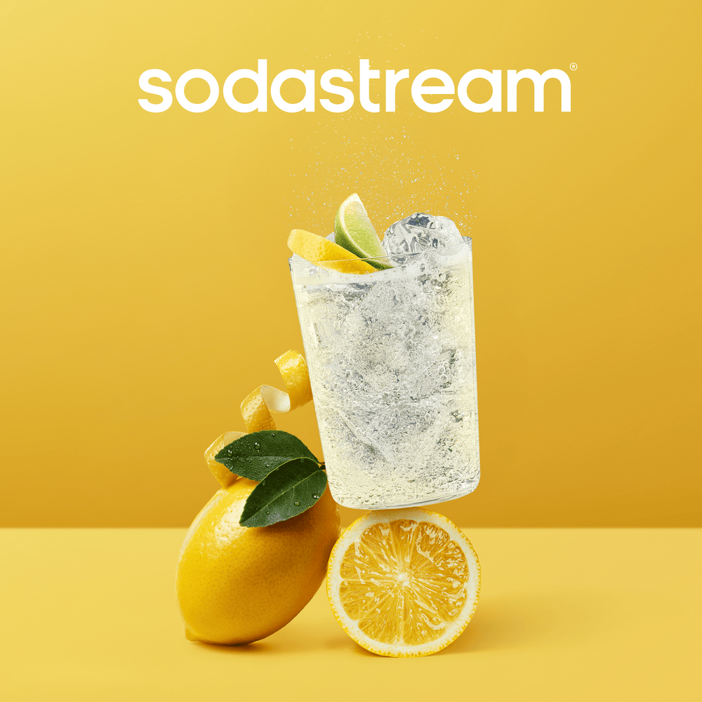 Sodastream product with lemon slices on a yellow background
