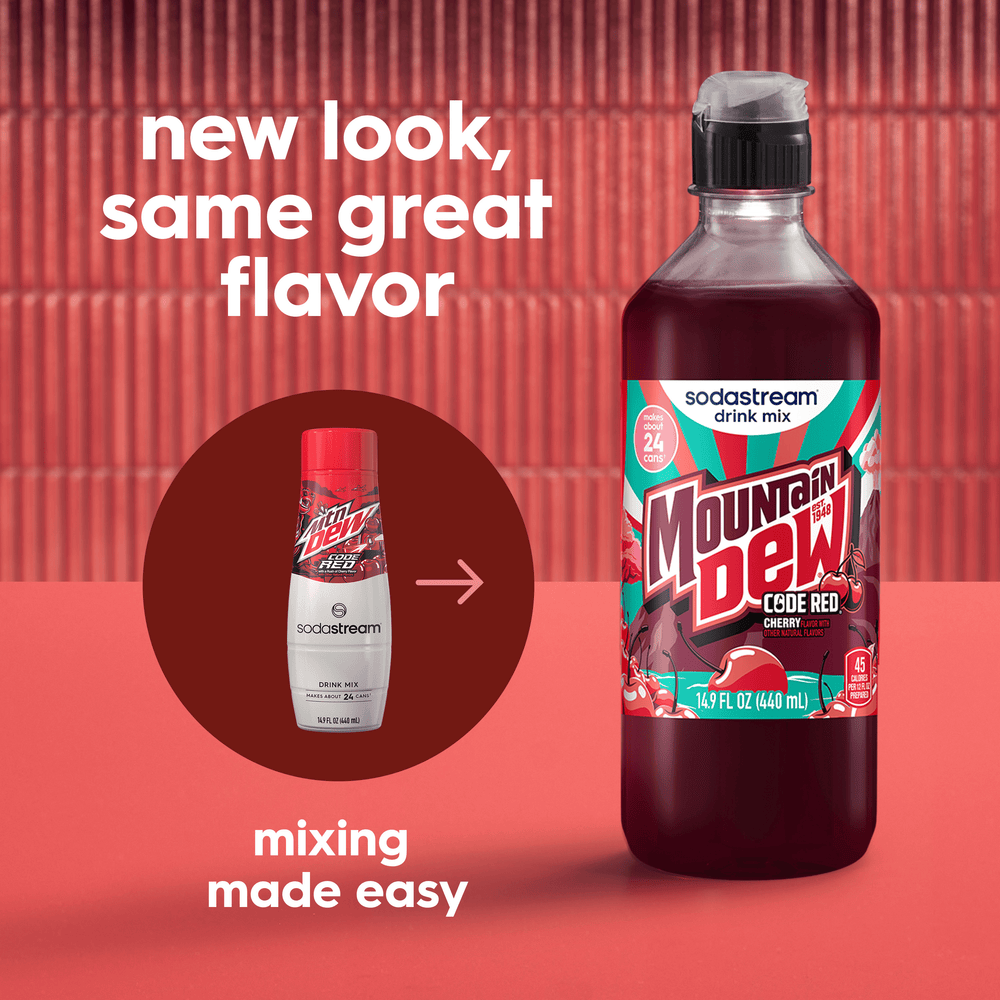 Image showing the old bottle and new easy pour bottle for the Sodastream Mountain Dew Code Red Drink Mix