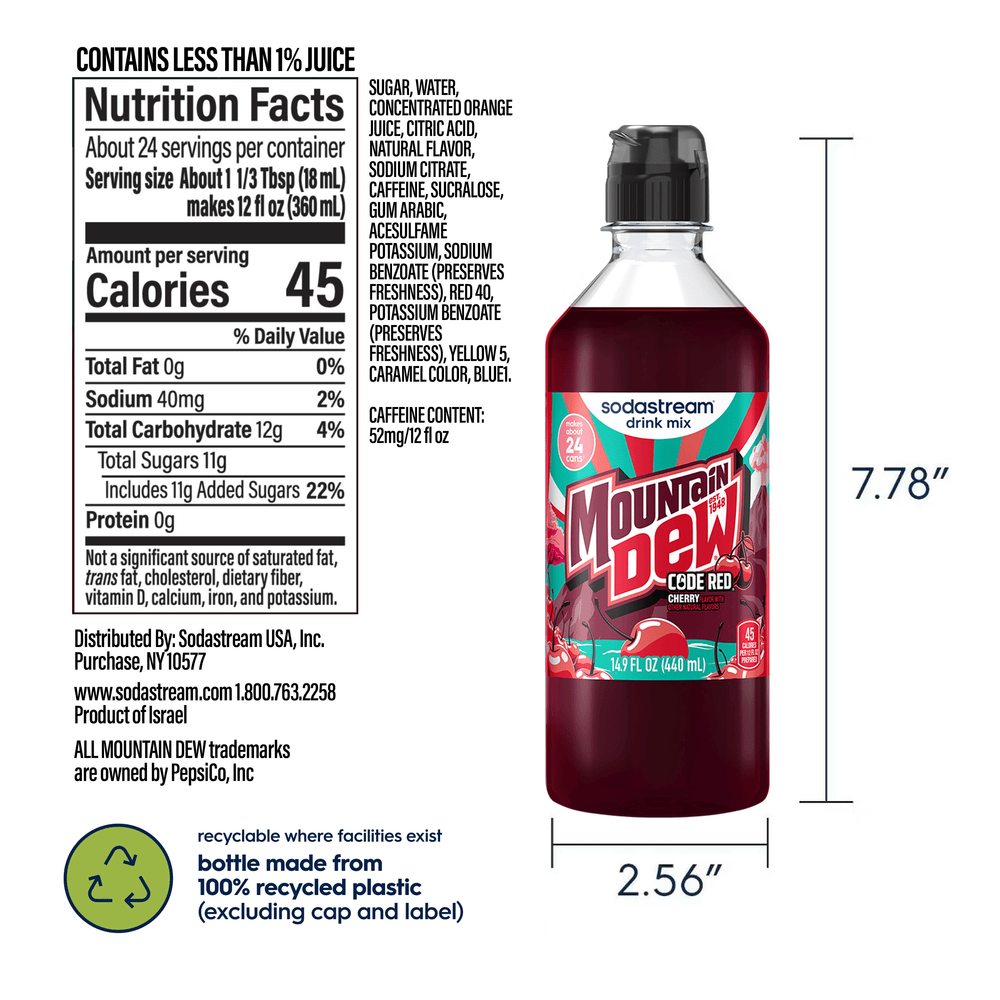 Sodastream Mountain Dew Code Red Drink Mix nutritional label and dimensions of the bottle, 7.78 inches in height and 2.56 inches in width along with bottle made from 100% recyclable plastic