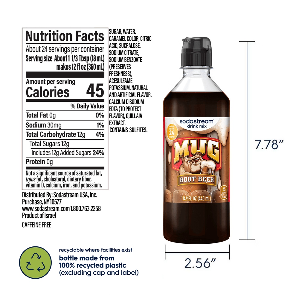 Sodastream Mug Drink Mix nutritional label and dimensions of the bottle, 7.78 inches in height and 2.56 inches in width along with bottle made from 100% recyclable plastic