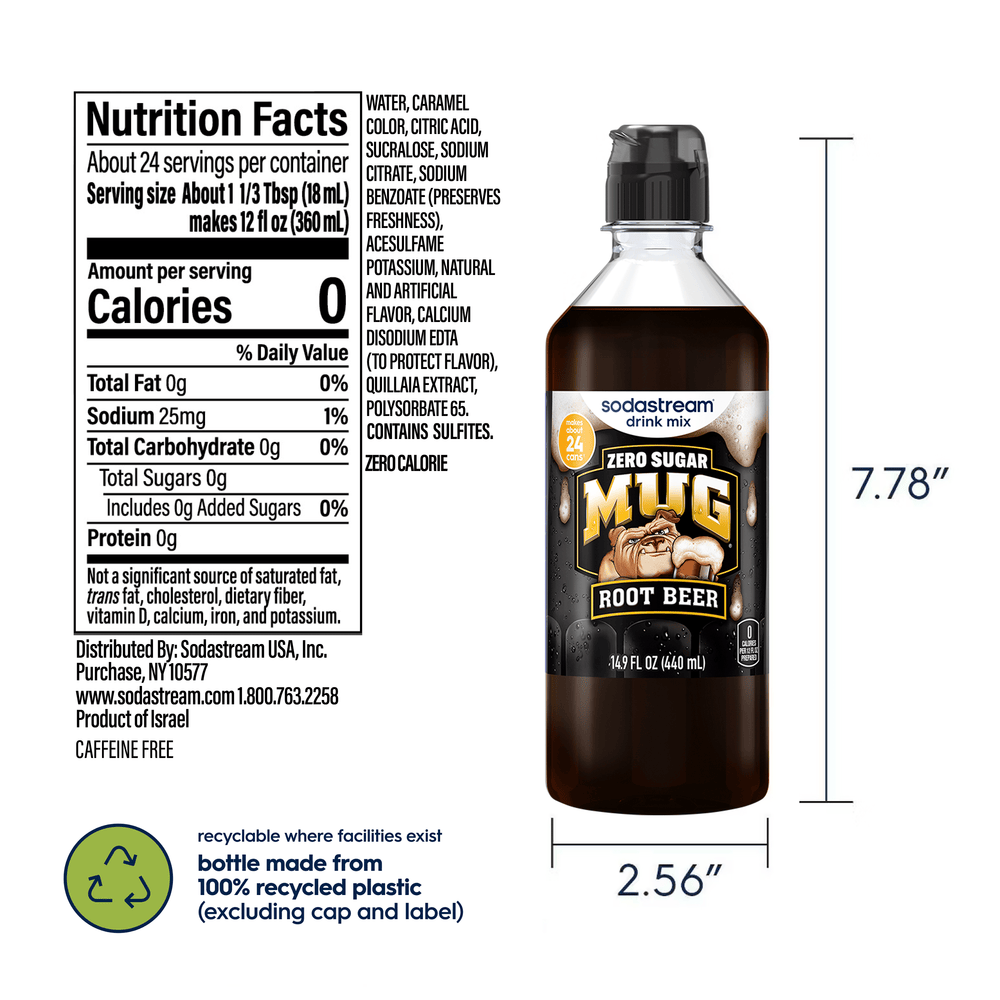 Sodastream Mug Zero Drink Mix nutritional label and dimensions of the bottle, 7.78 inches in height and 2.56 inches in width along with bottle made from 100% recyclable plastic
