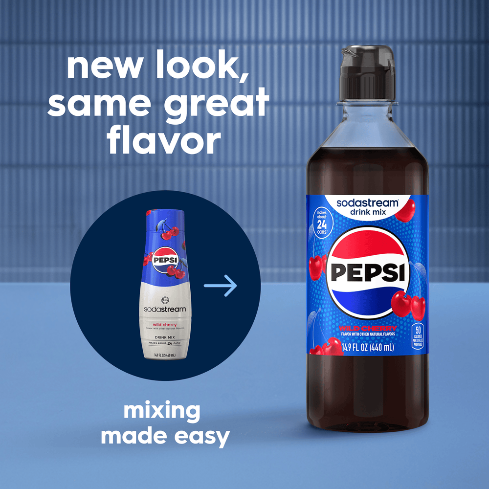 Image showing the old bottle and new easy pour bottle for the Sodastream Pepsi Wild Cherry Drink Mix