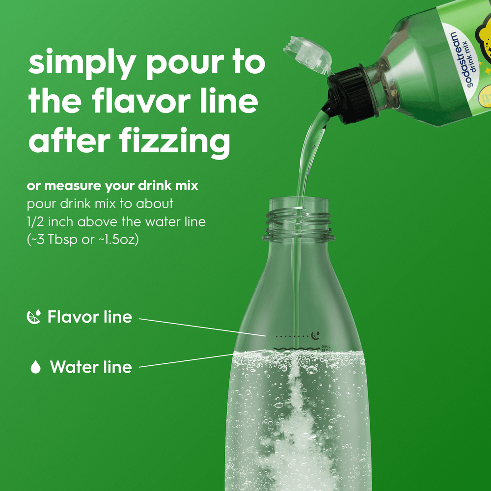 Pouring instructions for the Sodastream STARRY® Lemon Lime drink mix