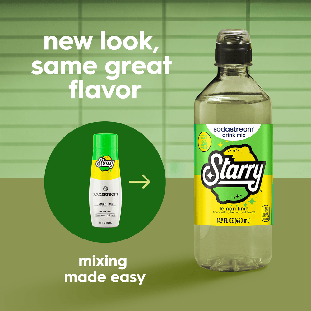 Image showing the old bottle and new easy pour bottle for the Sodastream STARRY® Lemon Lime Drink Mix
