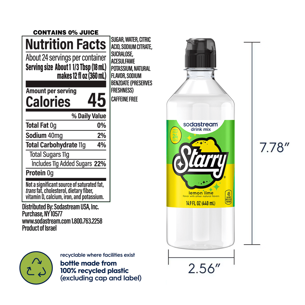 Sodastream STARRY® Lemon Lime Drink Mix nutritional label and dimensions of the bottle, 7.78 inches in height and 2.56 inches in width along with bottle made from 100% recyclable plastic