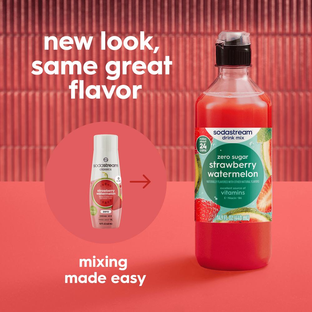 Image showing the old bottle and new easy pour bottle for the Sodastream Strawberry Watermelon Zero Drink Mix