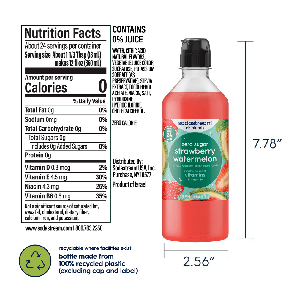 Sodastream Strawberry Watermelon Zero Drink Mix nutritional label and dimensions of the bottle, 7.78 inches in height and 2.56 inches in width along with bottle made from 100% recyclable plastic