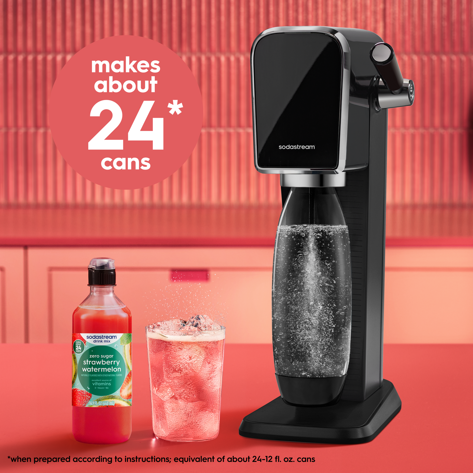 Image showing the Sodastream Strawberry Watermelon Zero Drink Mix bottle makes about 24 cans