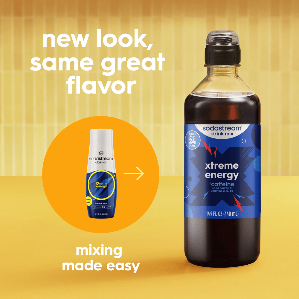 Image showing the old bottle and new easy pour bottle for the Sodastream Xtreme Energy Drink Mix