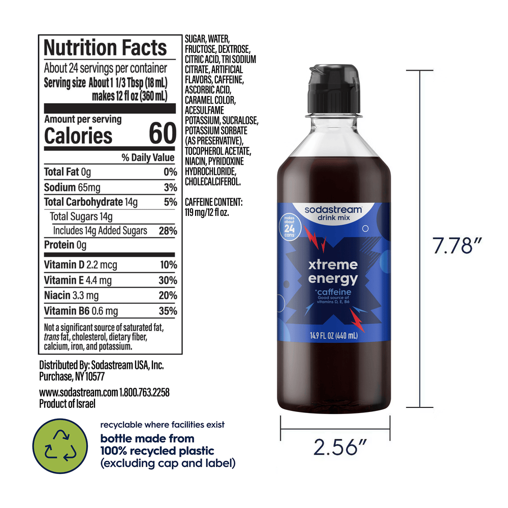 Sodastream Xtreme Energy Drink Mix nutritional label and dimensions of the bottle, 7.78 inches in height and 2.56 inches in width along with bottle made from 100% recyclable plastic