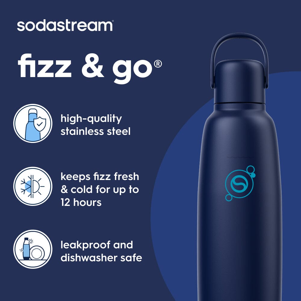 Key feature benefits of Sodastream Fizz & Go metal bottle in a blueberry color