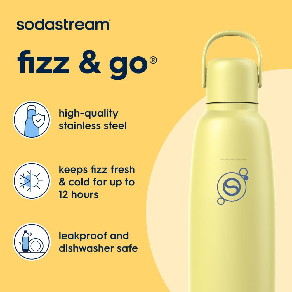 Key feature benefits of Sodastream Fizz & Go metal bottle in a lemon color