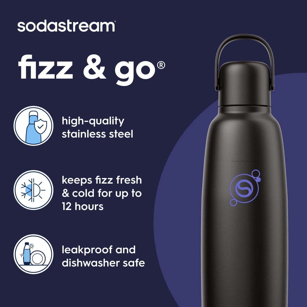 Key feature benefits of Sodastream Fizz & Go metal bottle in a black color