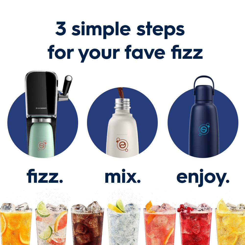 How to use Sodastream machine with blueberry Fizz & Go metal bottle in three simple steps - fizz, mix and enjoy.