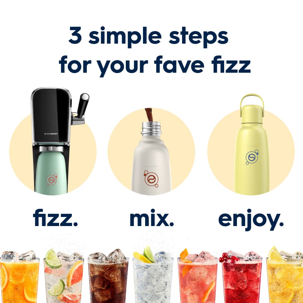 How to use Sodastream machine with Lemon Fizz & Go metal bottle in three simple steps - fizz, mix and enjoy.