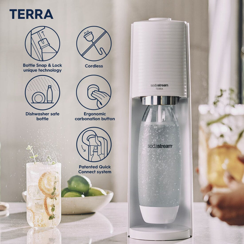 SodaStream TERRA 1100447490 Lot promo flacons de gaz à eau avec cylindre  CO2 et 3 bouteilles en plastique lavables au lave-vaisselle Blanc Hauteur  44 cm : : Cuisine et Maison