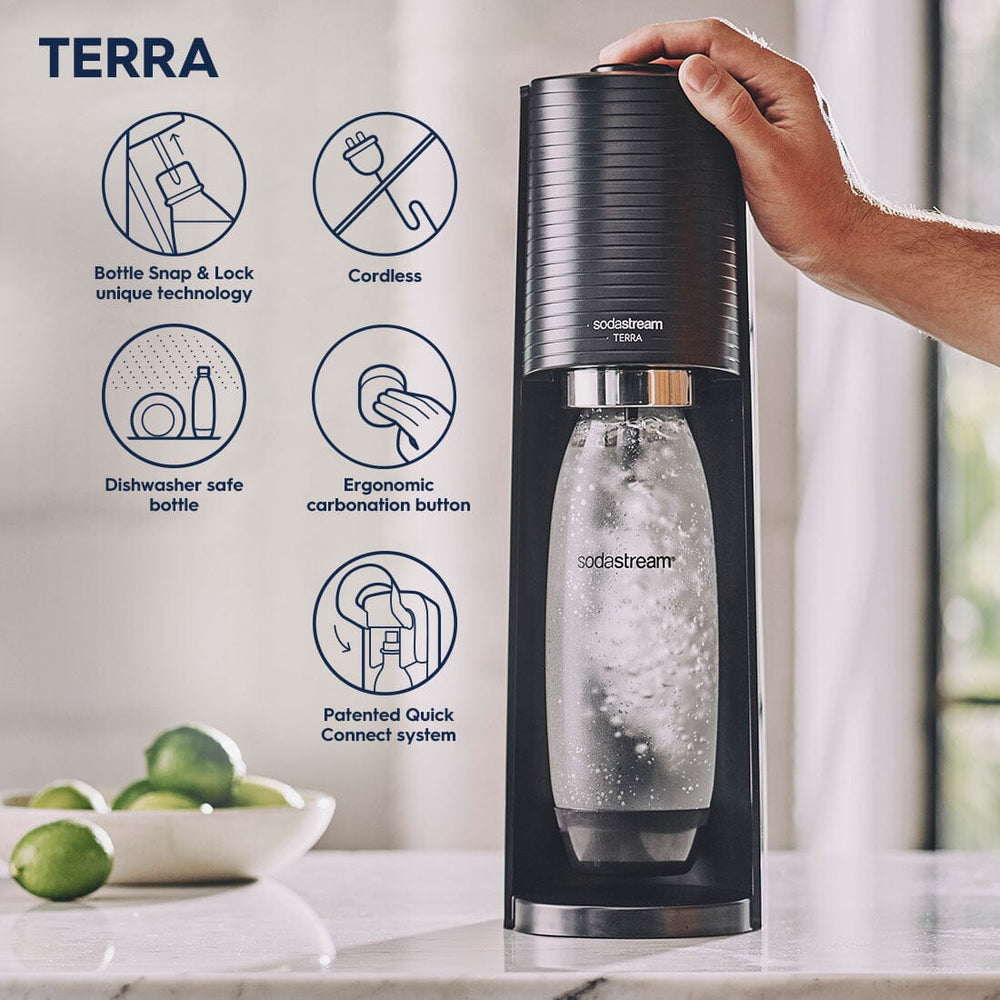  SodaStream Terra Sparkling Water Maker Bundle (Misty Blue),  with CO2, DWS Bottles, and Bubly Drops Flavors: Home & Kitchen